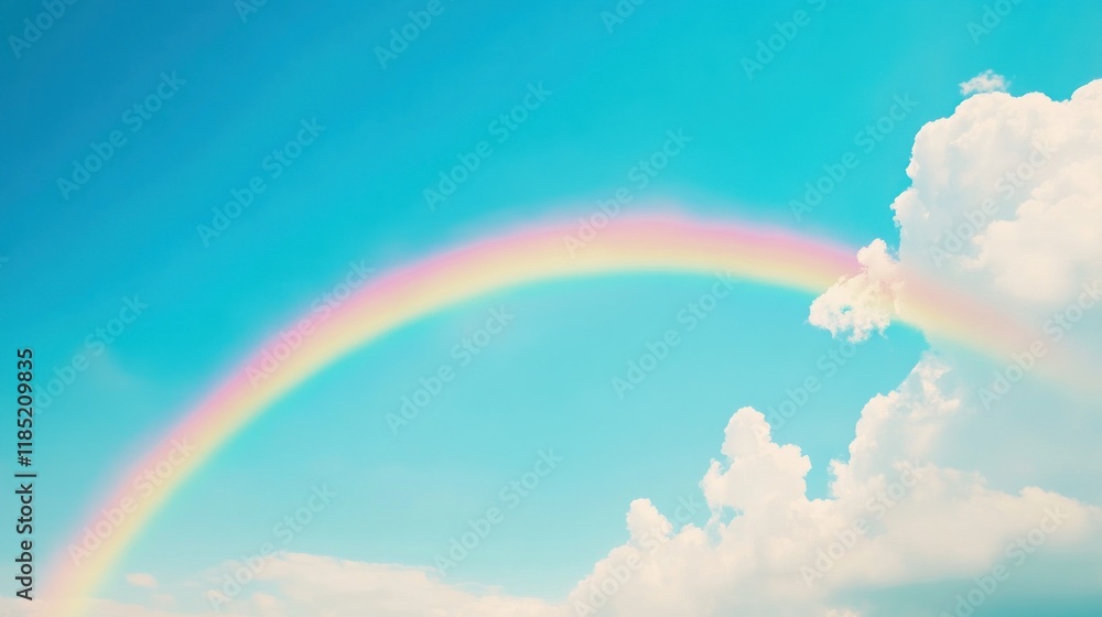 A vibrant rainbow arc stretches across a clear blue sky, partially obscured by fluffy white clouds. A vibrant rainbow arc stretches across a clear blue sky, partially obscured by fluffy white clouds.