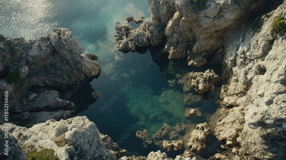 Aerial view of rocky coastline with clear water and submerged rocks. Aerial view of rocky coastline with clear water and submerged rocks.