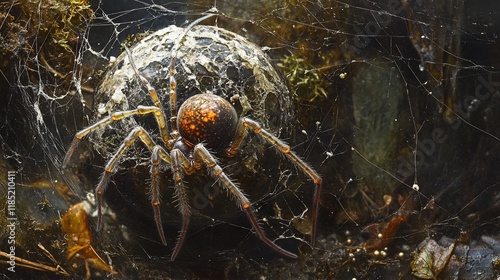 A large spider guarding its egg sac in a dark, damp environment. photo