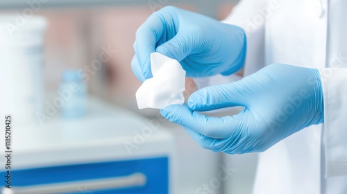 A healthcare professional in blue gloves holds a sterile gauze pad, suggesting a medical or clinical setting focused on hygiene and patient care.