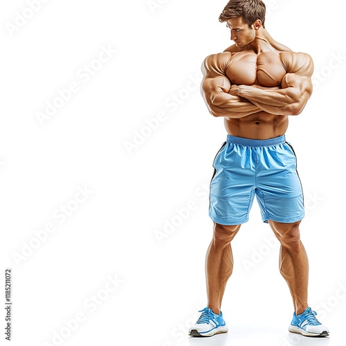 An energetic fitness trainer is featured in full body view, wearing athletic gear including a tank top and shorts. He stands confidently with his arms crossed, showcasing his commitment to health  photo