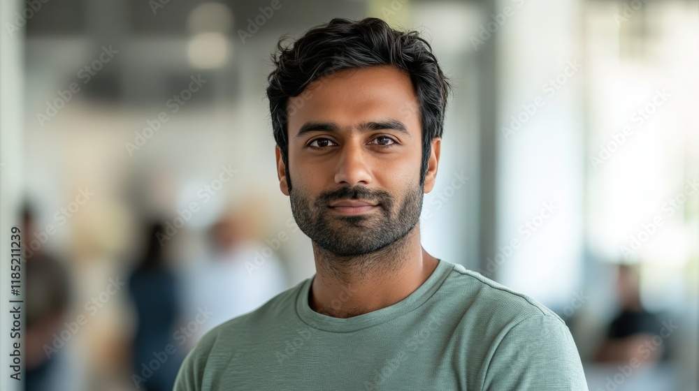 Portrait of an Indian man in his late thirties, wearing a light green T-shirt with black hair and a short beard, standing inside an office and looking at the camera. Portrait of an Indian man in his late thirties, wearing a light green T-shirt with black hair and a short beard, standing inside an office and looking at the camera.