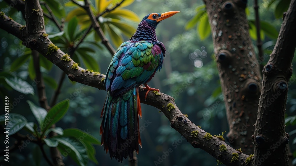 Obraz premium A vibrant toucan perches on a branch, its bright orange beak glistening as it surveys its surroundings with bold blue, green, and purple plumage