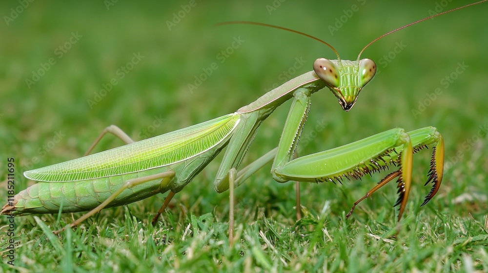 A close-up of a green mantis on grass, showcasing its unique features and colors. A close-up of a green mantis on grass, showcasing its unique features and colors.
