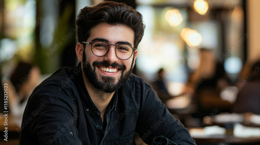 Fototapeta premium Smiling man in cafe, enjoying relaxed atmosphere with friends