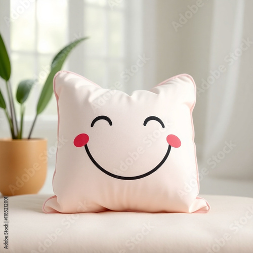 Happy face pillow on a bed, adding a cheerful touch to any room. Perfect for kids or anyone who loves a smile! photo