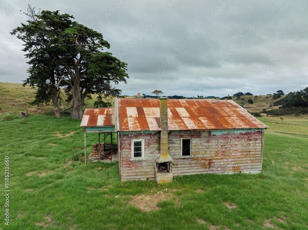 Fototapeta premium Rusty corrugated metal roofed, weathered wooden shack on a grassy field. A lonely, rural scene. TE KOPURU, NORTHLAND, NEW ZEALAND