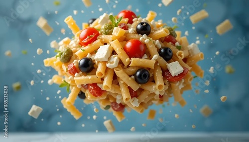 High-detailed and realistic image of a delicious Greek pasta salad mid-air, with ingredients levitating around it, isolated on a blue background.  The vibrant colors and appetizing presentation showca photo