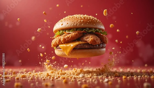 High-Detailed and Realistic Image of a Juicy Chicken Burger in Mid-Air with Crumbly Ingredients Isolated on Red Background. The image showcases the deliciousness of the burger, photo