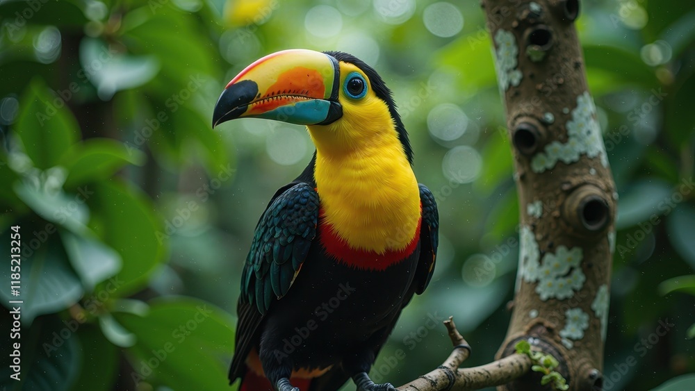 Obraz premium A vibrant toucan stands proudly on a branch, its striking plumage a stark contrast to the lush green foliage behind it. Its bright, rainbow-hued beak glows like a miniature sunset
