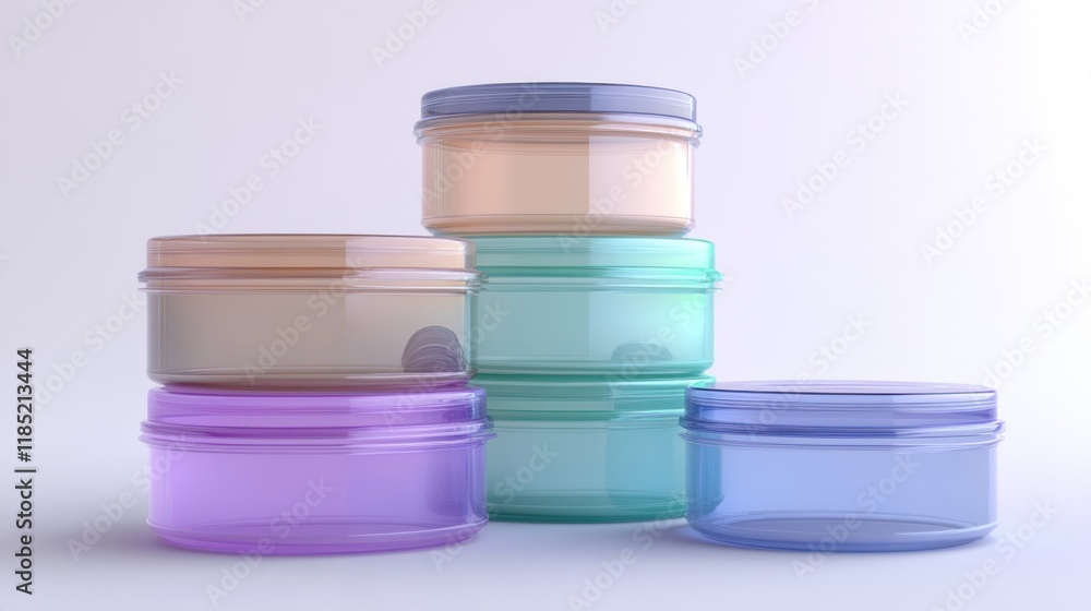 Stack of four colorful glass jars with lids on a white background.