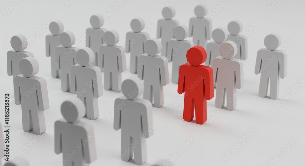 A central red figure stands surrounded by white figures, symbolizing uniqueness, leadership, and distinction. This metaphorical representation conveys individuality and being the focal point in a grou A central red figure stands surrounded by white figures, symbolizing uniqueness, leadership, and distinction. This metaphorical representation conveys individuality and being the focal point in a grou