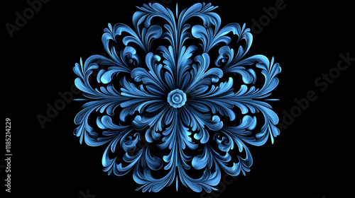 Smart blue circular ornament in the form of a stylized flower. kaledoscope pattern for manufacturing of packaging, scrapbooking, gift wrapping, books, booklets., alboms. Flameleaf. Illustration photo