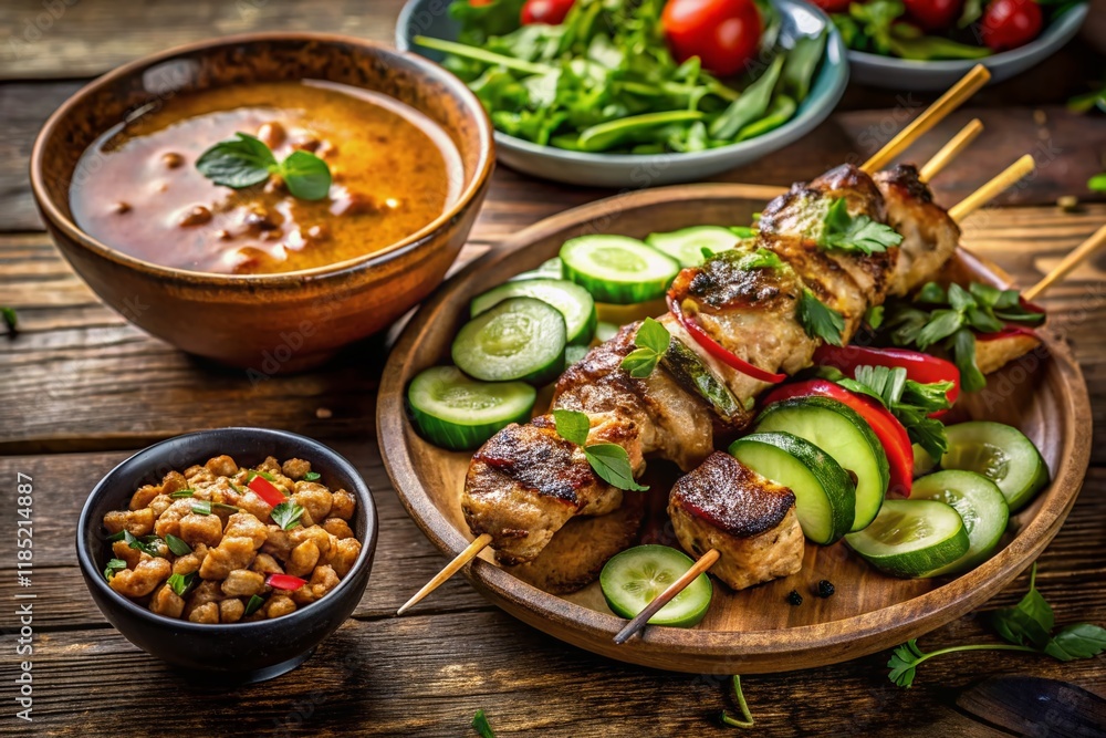 Grilled Chicken & Beef Skewers with Spicy Peanut Sauce & Cucumber Salad Grilled Chicken & Beef Skewers with Spicy Peanut Sauce & Cucumber Salad