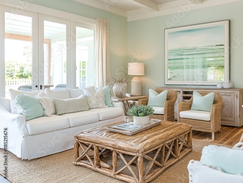 Coastal Living Room Decor Features White Sofa And Beach Art