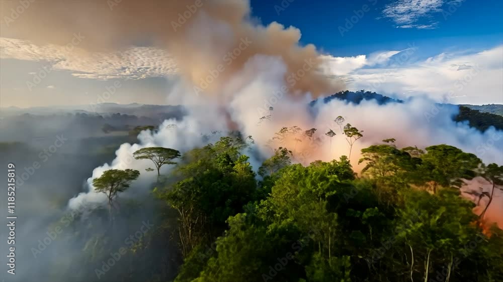 Aerial view of Bushfires in tropical forest that contribute to climate change, Toxic fumes and heavy smoke and fast moving fires, hyper-speed fly, dynamic motion.
Aerial view of Bushfires in tropical forest that contribute to climate change, Toxic fumes and heavy smoke and fast moving fires, hyper-speed fly, dynamic motion.