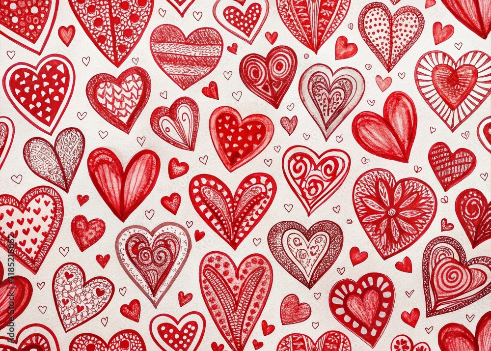 Hand-Drawn Red Hearts Pattern: White Background Decorative Design Craft Hand-Drawn Red Hearts Pattern: White Background Decorative Design Craft