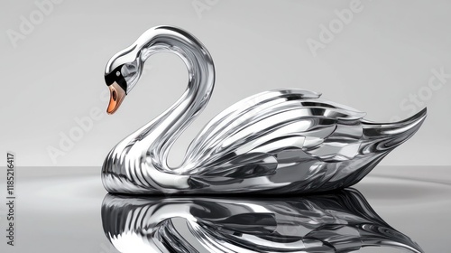 Fototapeta Naklejka Na Ścianę i Meble -  Chrome swan sculpture reflects on gray background; home decor