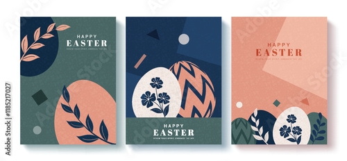 Happy easter greeting clipart poster set. Easter sunday wishes clip art in flat colorful abstract background with drawing eggs, leaves, flowers and shapes for holiday season decoration. Vector 