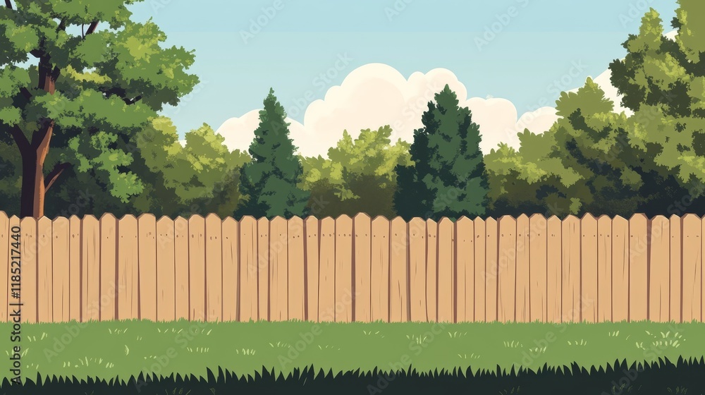 Obraz premium A simple cartoon background of a backyard with a fence and trees, flat design, 2D vector style, simple shapes, simple design, simple green grass, simple sky, simple trees, simple illustration, flat co