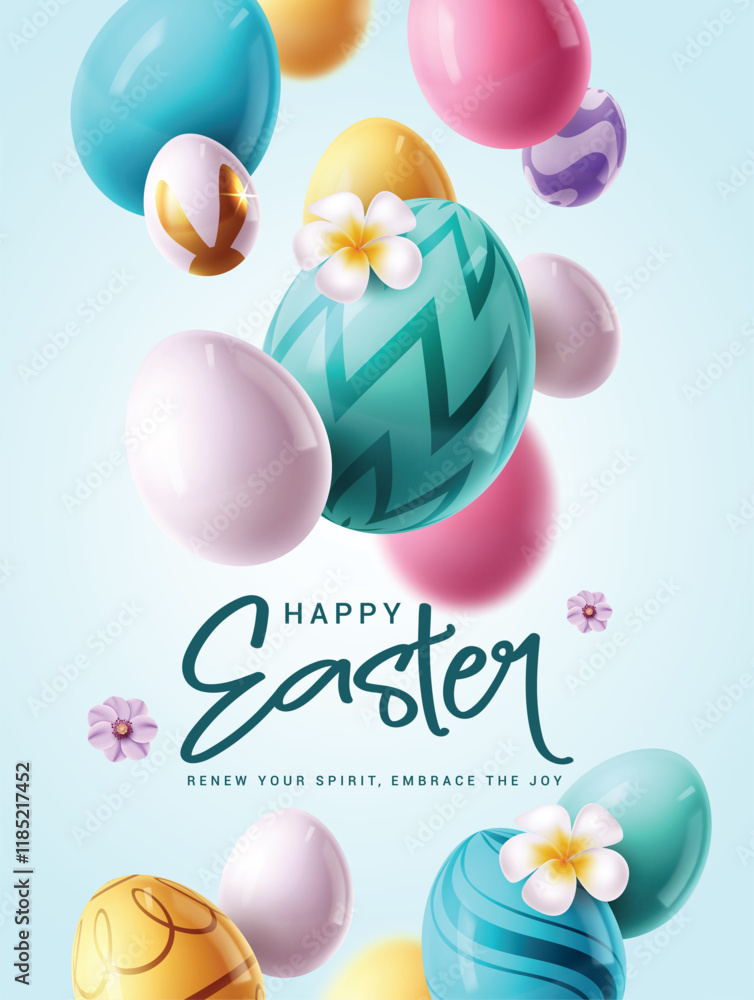 Happy easter greeting clipart poster design. Easter text clip art with colorful, shiny and smooth 3d floating eggs for holiday decoration blurred background. Vector illustration easter sunday greeting