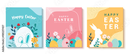 Happy easter clipart poster abstract background set. Easter sunday wishes clip art drawing collection with flowers, eggs and rabbit symbol elements in colorful decoration design. Vector illustration 
