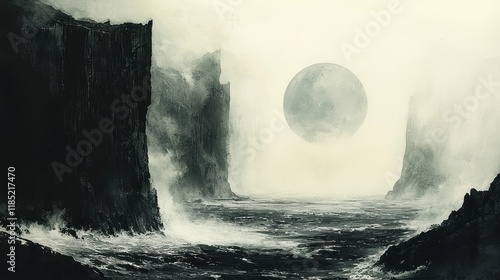 Dramatic seascape with large moon and misty cliffs.