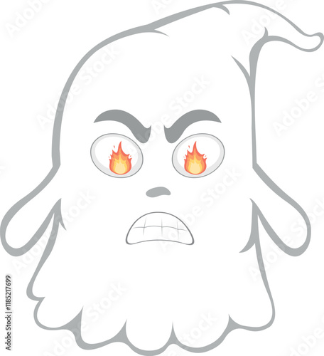 vector illustration character ghost cartoon, with a furious expression and fire flame in his eyes