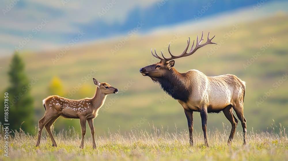 Fototapeta premium Majestic elk and calf in a serene mountain meadow.