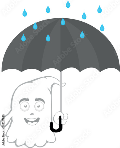 vector illustration character ghost cartoon, on a rainy day with an umbrella and raindrops falling