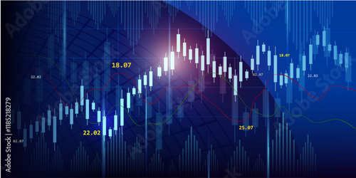 stock financial chart with  fluctuating graphs and candlestick glowing elements on a blue background