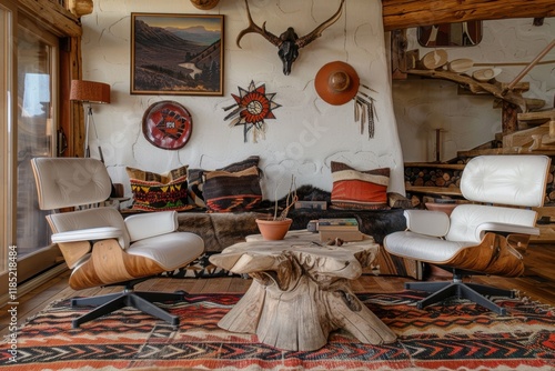 Elegant Native Americaninspired living room with handcrafted wood furniture photo