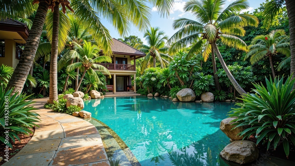 Fototapeta premium A serene oasis: Turquoise waters lap against weathered rock walls, surrounded by lush greenery, with crisp gray walkways flanking the tranquil retreat