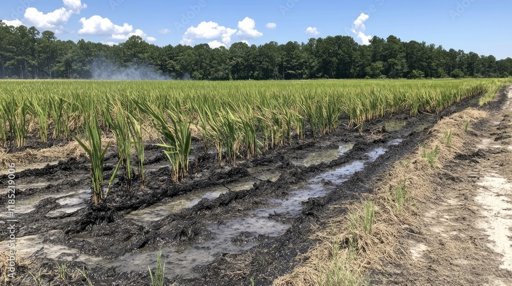 A lush rice field with growing plants and muddy pathways under a clear blue sky. A lush rice field with growing plants and muddy pathways under a clear blue sky.