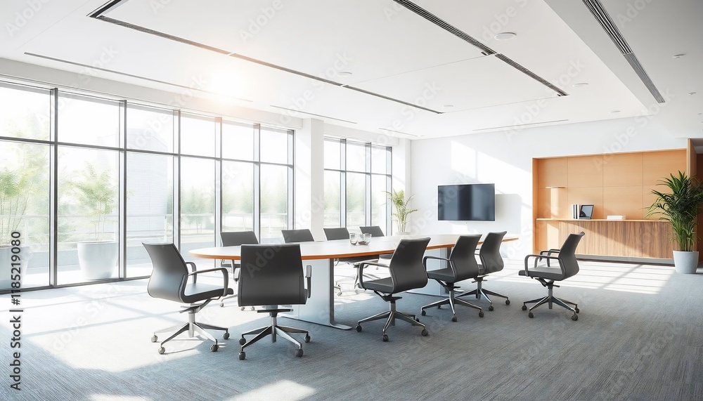 Fototapeta premium Modern Office Boardroom Meeting Room Interior Design with Large Windows and Oval Table