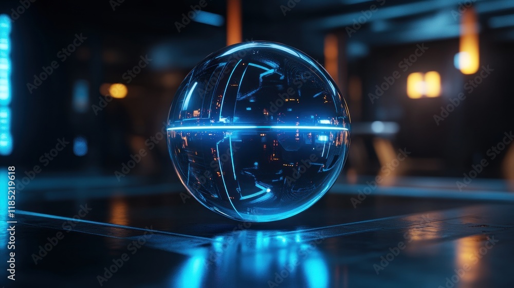 A futuristic glass orb with moving glowing patterns inside A futuristic glass orb with moving glowing patterns inside