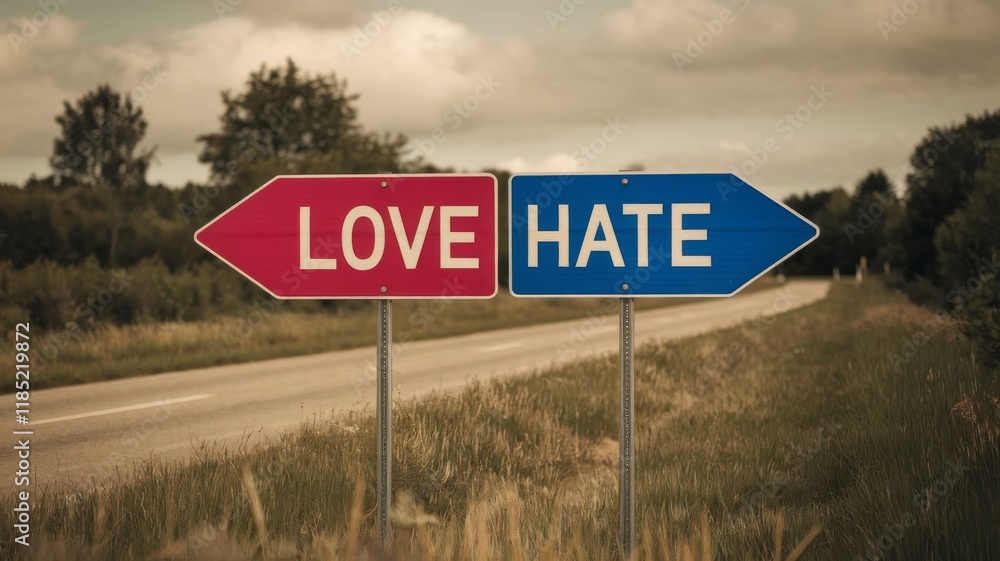 Love and Hate road signs pointing in opposite directions symbolizing emotional conflict Love and Hate road signs pointing in opposite directions symbolizing emotional conflict