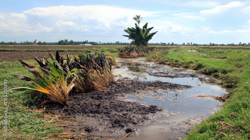 A serene landscape featuring a waterway bordered by lush vegetation and distant fields. A serene landscape featuring a waterway bordered by lush vegetation and distant fields.
