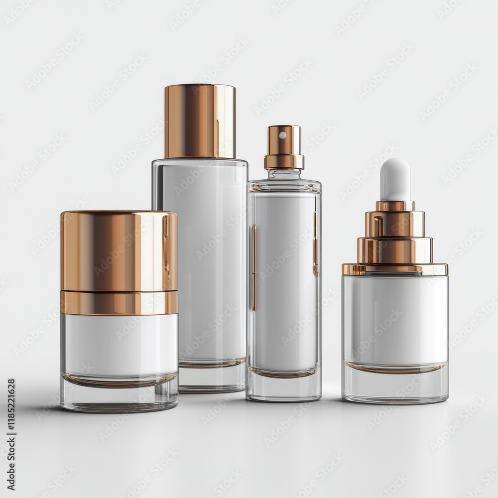 Elegant collection of cosmetic bottles with gold accents, perfect for skincare products. These glass containers showcase modern design, ideal for beauty branding Elegant collection of cosmetic bottles with gold accents, perfect for skincare products. These glass containers showcase modern design, ideal for beauty branding