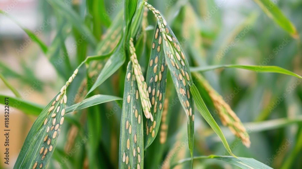 Close-up of plant leaves showing yellow-brown lesions, indicating possible disease or stress. Close-up of plant leaves showing yellow-brown lesions, indicating possible disease or stress.