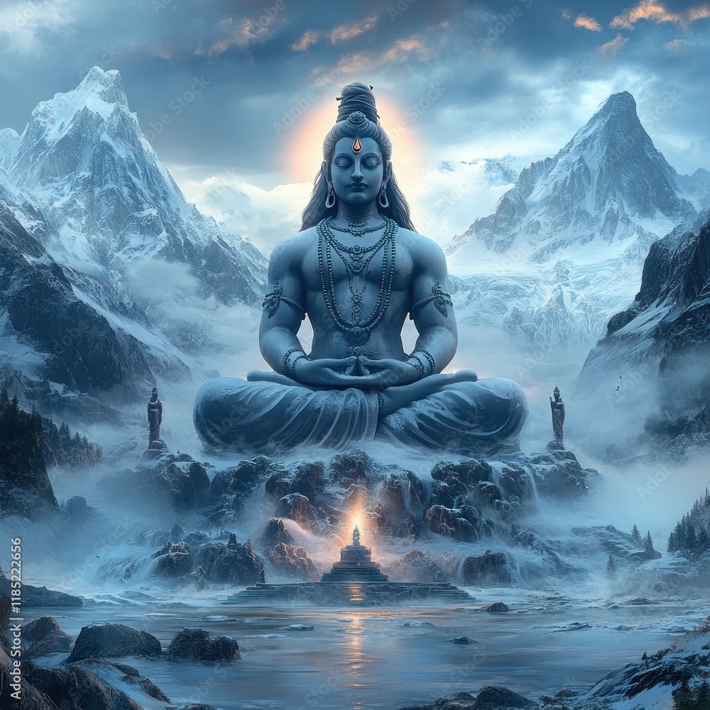 Shiva Deity Statue in Majestic Snow-Capped Mountains for Maha Shivratri Celebration Shiva Deity Statue in Majestic Snow-Capped Mountains for Maha Shivratri Celebration