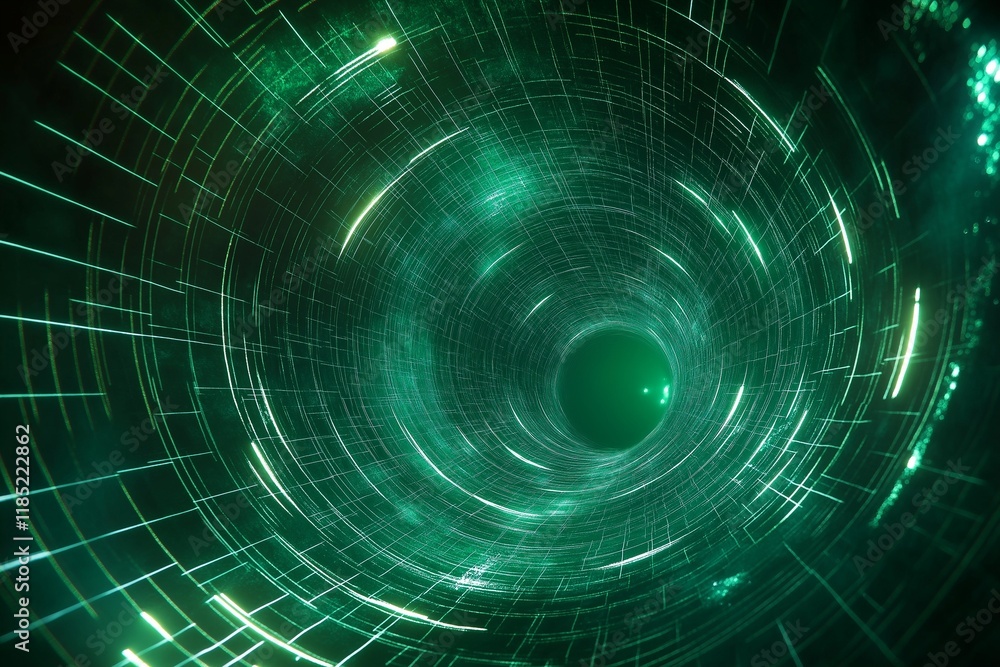Fototapeta premium Hypnotic Green Vortex with Wireframe Tunnel and Neon Accents