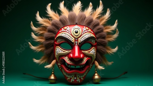 Intricate red ceremonial mask with gold accents, conveying ancient power and mystique, suitable for cultural festivals, theatrical productions, or art exhibitions, photo