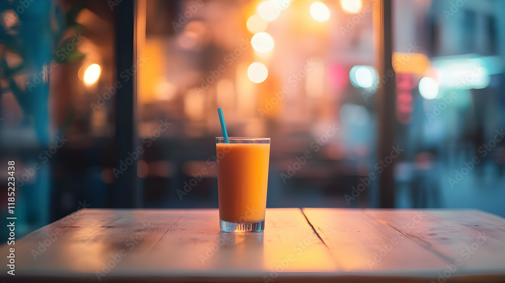 A glass of orange juice sits on a wooden table, illuminated by warm ambient lights. A glass of orange juice sits on a wooden table, illuminated by warm ambient lights.