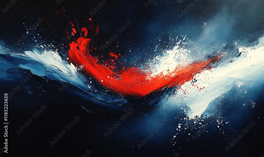 Dynamic Abstract Painting Red White Blue on Navy Background Expressionist Style Dynamic Abstract Painting Red White Blue on Navy Background Expressionist Style