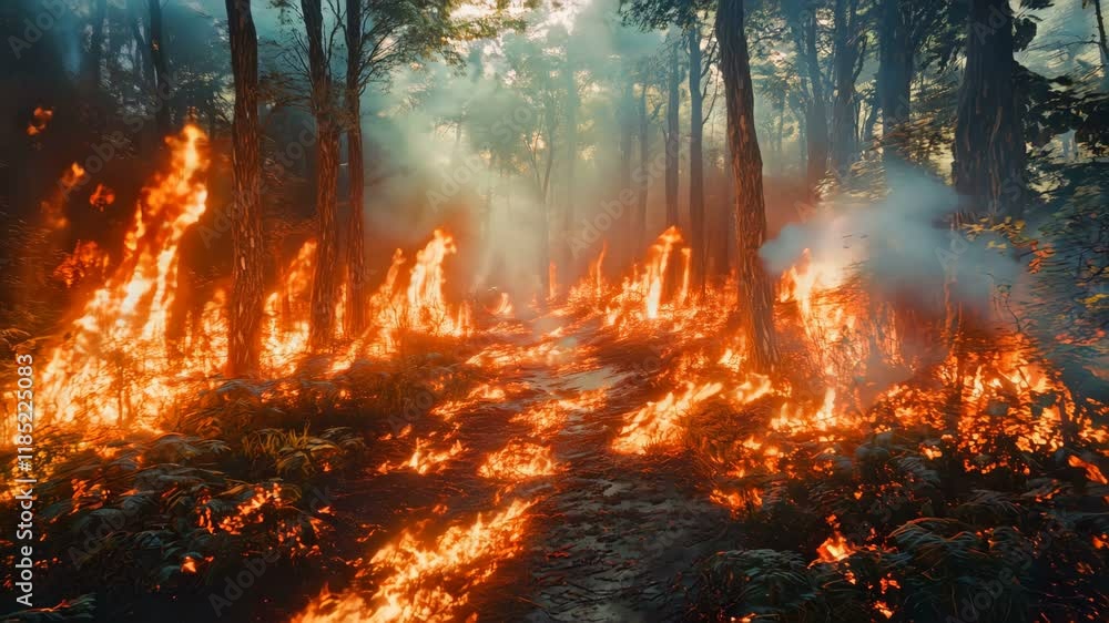 An Intense Wildfire is Rapidly Burning Through the Dense and Thick Forest Landscape, Causing Widespread Damage An Intense Wildfire is Rapidly Burning Through the Dense and Thick Forest Landscape, Causing Widespread Damage