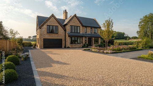 A modern stone house with a landscaped garden and gravel driveway under a clear sky. photo