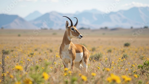 A majestic springbok stands proudly amidst a vibrant field of golden blooms, its striking horns arched above its forehead as it gazes out to the right in serene beauty photo