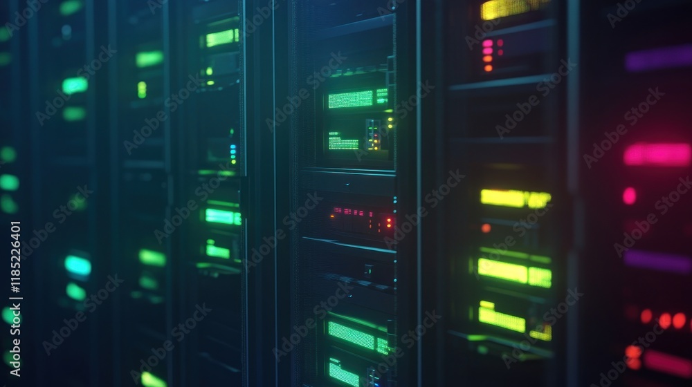 A row of server racks illuminated by colorful LED lights, showcasing technology infrastructure. A row of server racks illuminated by colorful LED lights, showcasing technology infrastructure.
