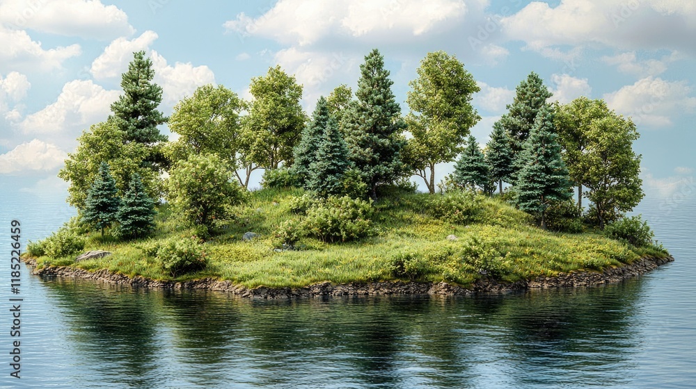 Serene Island Landscape: Picturesque View of a Tranquil Island with Lush Greenery, Calm Waters, and a Blue Sky Serene Island Landscape: Picturesque View of a Tranquil Island with Lush Greenery, Calm Waters, and a Blue Sky